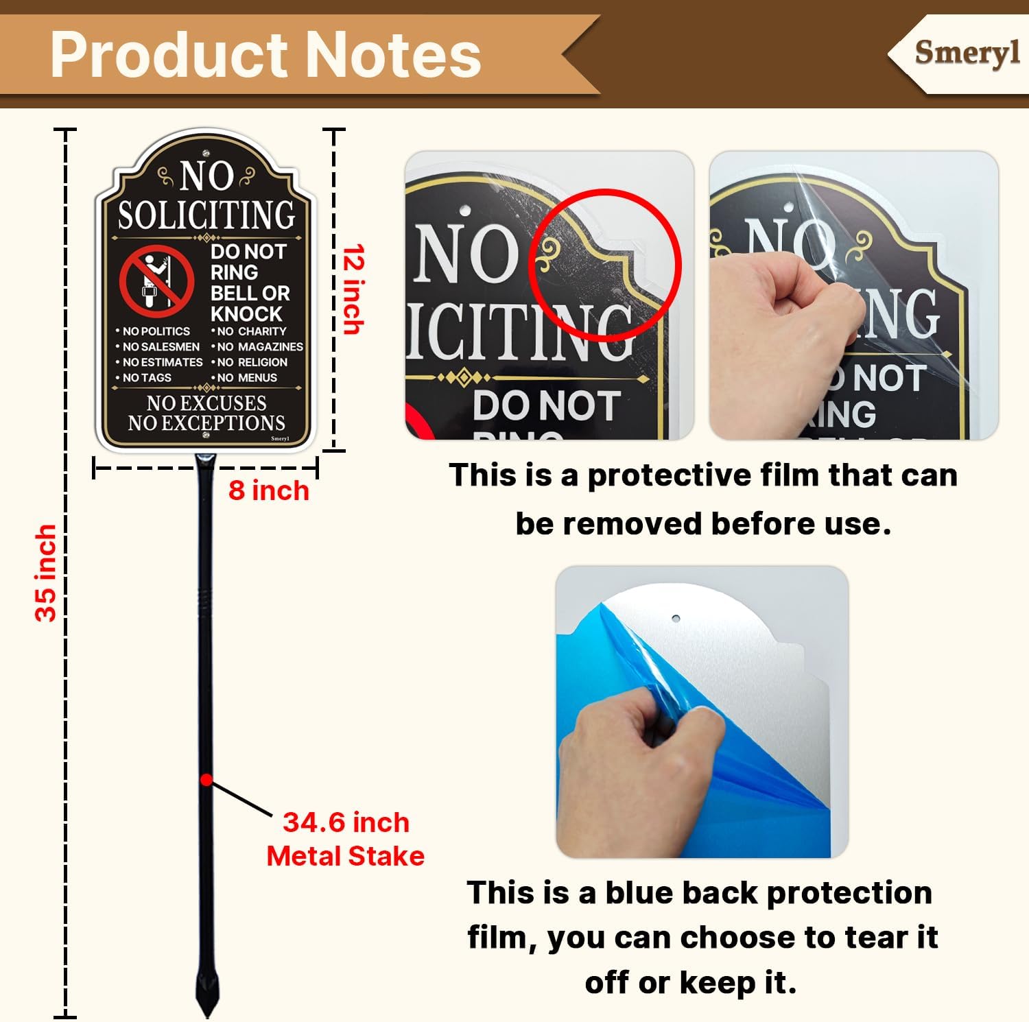 No Soliciting Do Not Ring Bell Or Knock Sign with 34.6" Stake | 12" x 8" No Soliciting Sign for House, Rust-Free