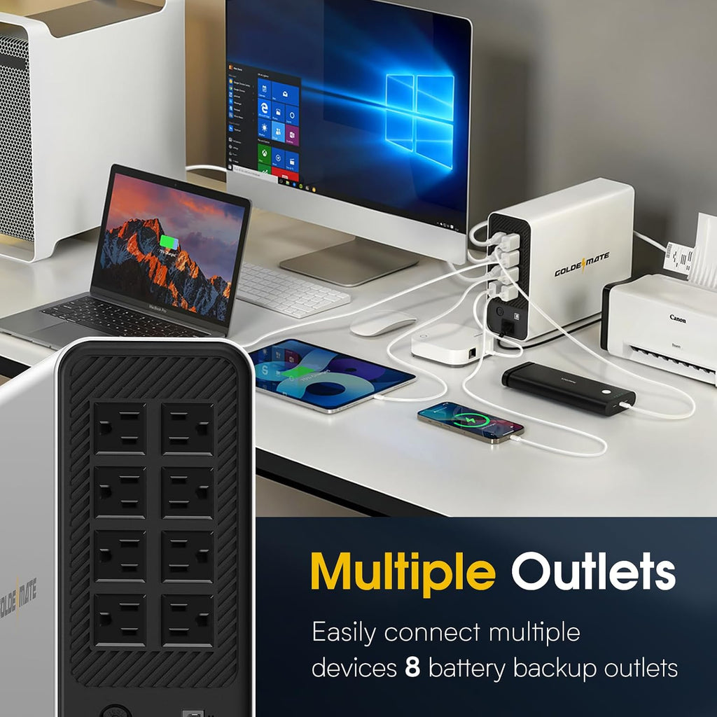 1500VA/1000W Lithium UPS Battery Backup & Surge Protector, White | Pure Sine Wave, 8 Outlets & 2 USB Ports, LCD