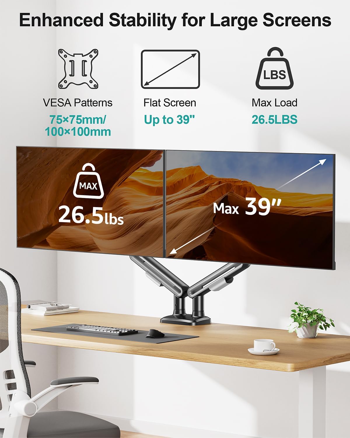 Dual Monitor Desk Mount, Pneumatic Monitor Arms for 2 Monitors Max 39 Inches, Adjustable Dual Computer Monitor Stand
