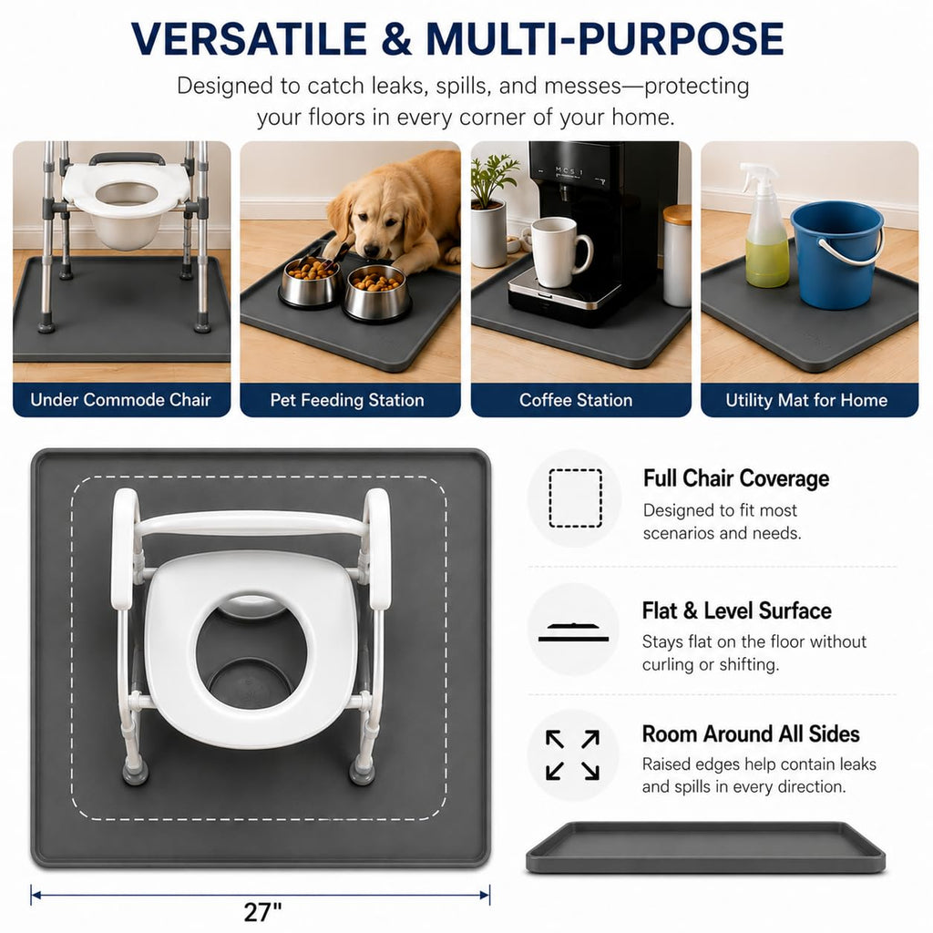 Bedside Commode Mat, 27x27" Silicone Toilet Floor Protector