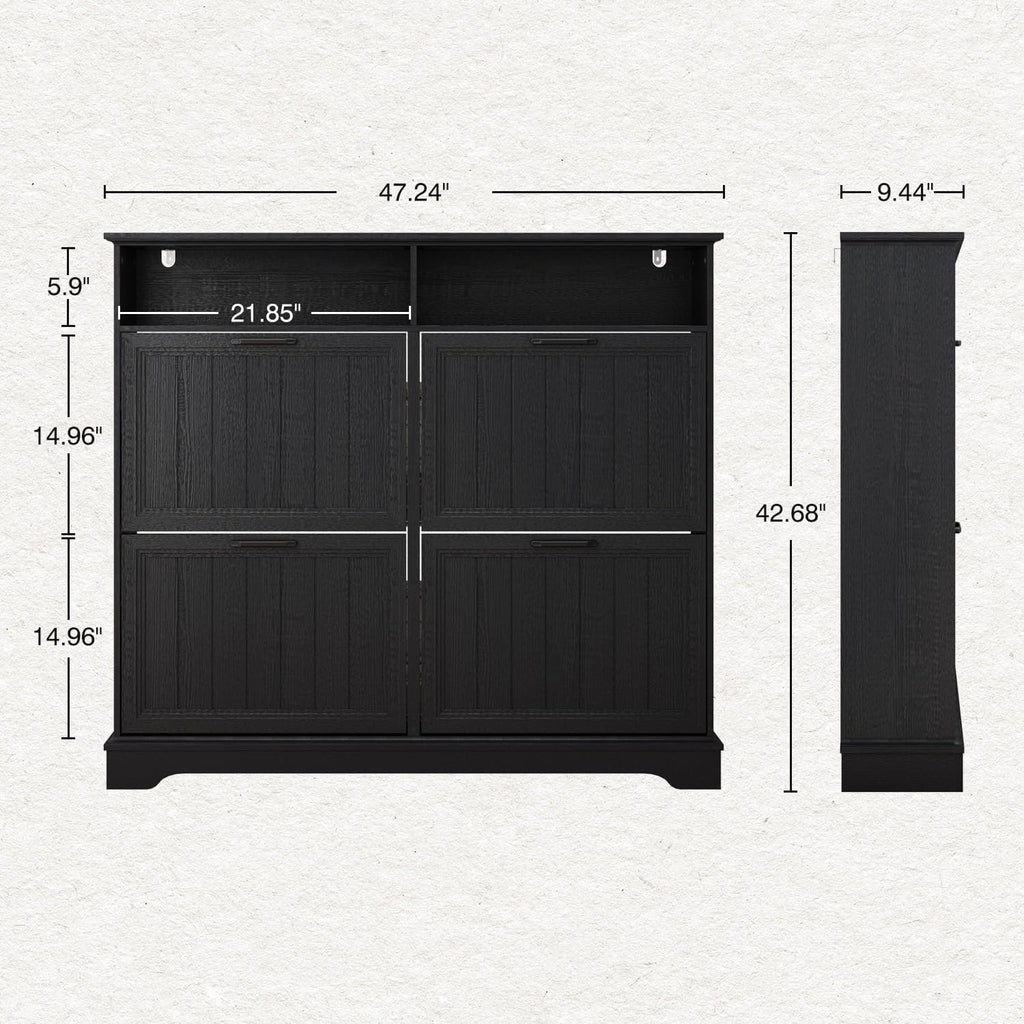 Hidden Shoe Storage Cabinet with 4 Flip Drawers & Open Storage