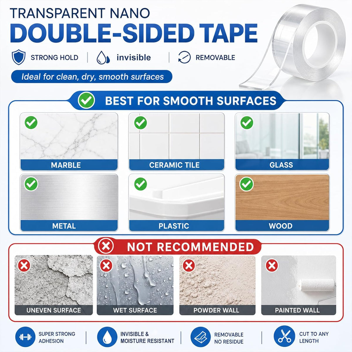 Double Sided Nano Tape, Clear, Removable, No Residue, Reusable, 300cm/9.85 Ft Roll