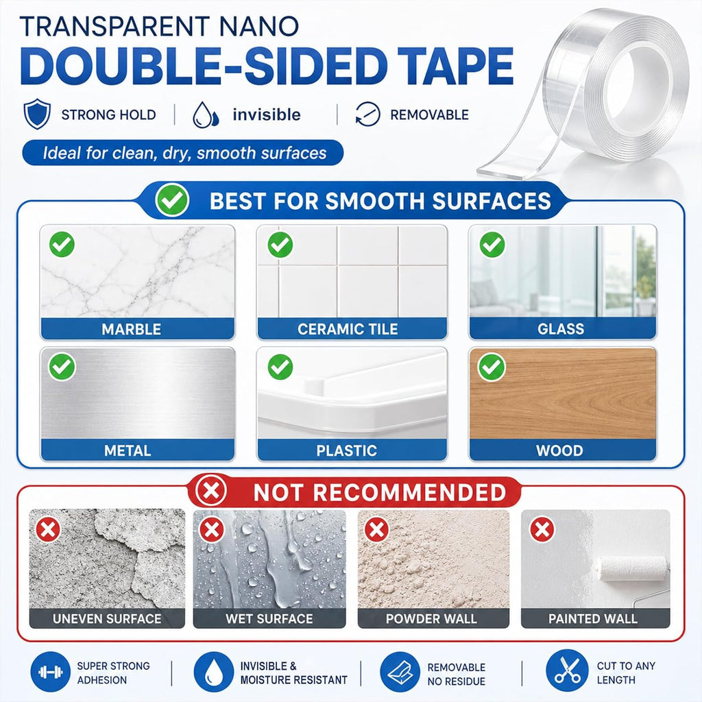 Double Sided Nano Tape Heavy Duty Clear Removable 1.18" x 12ft