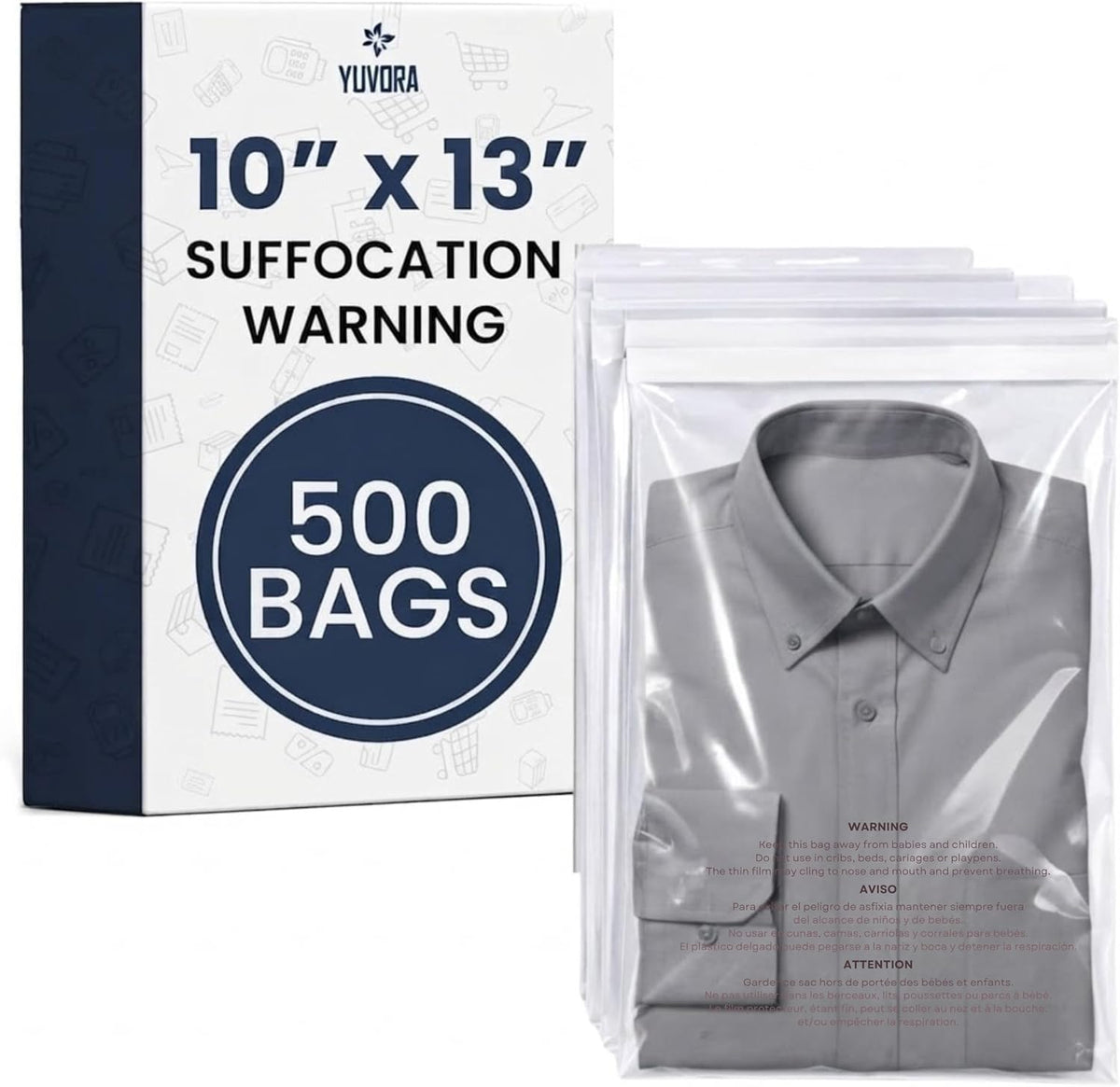 10x13 Inch Clear Poly Bags with Suffocation Warning (500 Count) – Permanent Self-Seal Adhesive – Transparent Plastic
