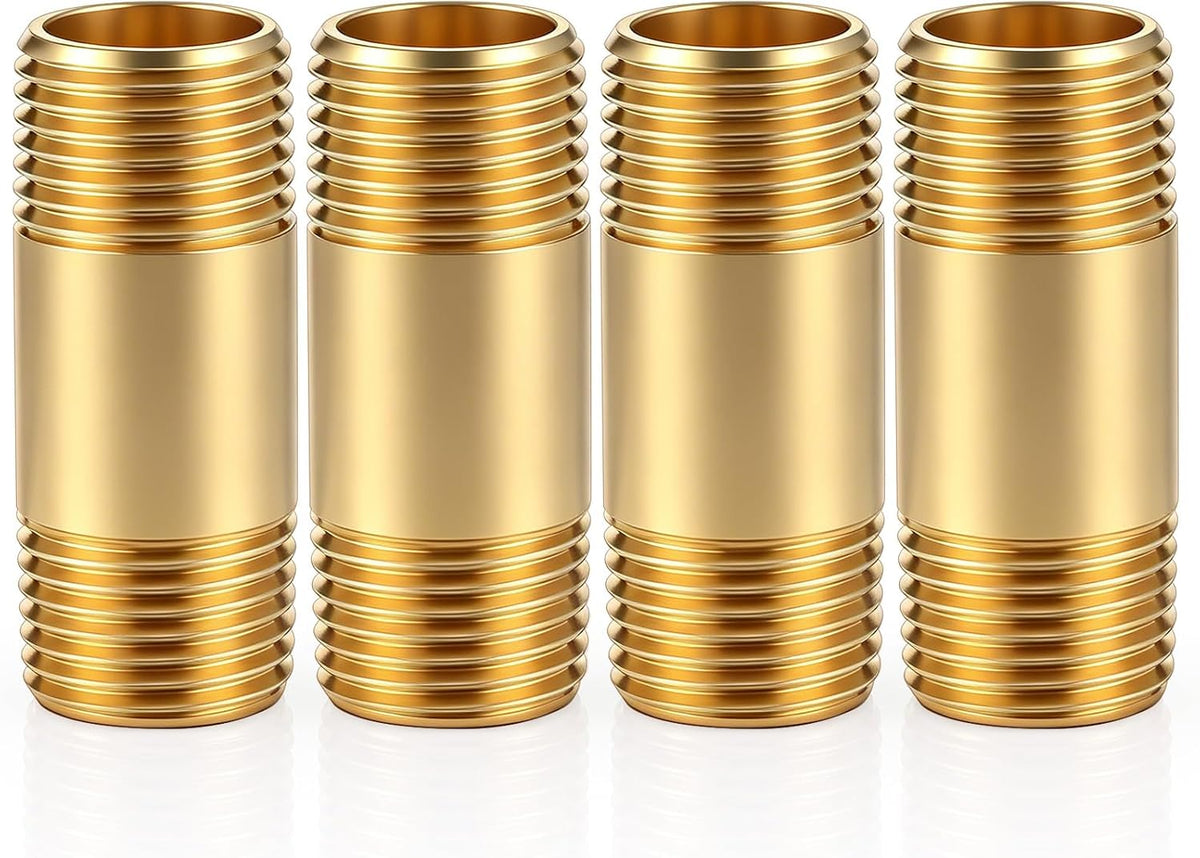 4 Pcs Brass Long Nipple, 1/2" NPT Male x 1/2" NPT Male, 2" Length