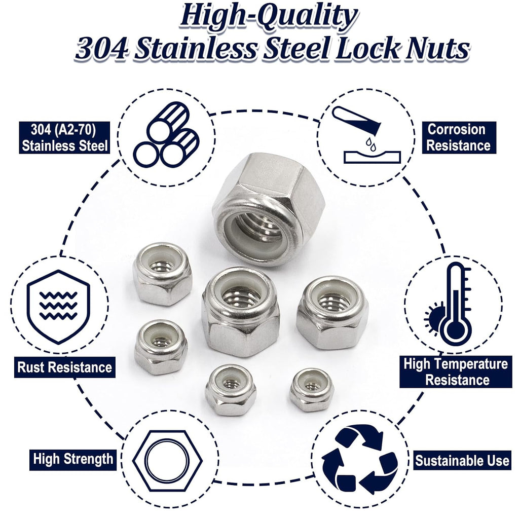 ZQZ 220Pcs SAE Stainless Nylon Lock Nuts Assortment Kit; #6-1/2 Locking Nut