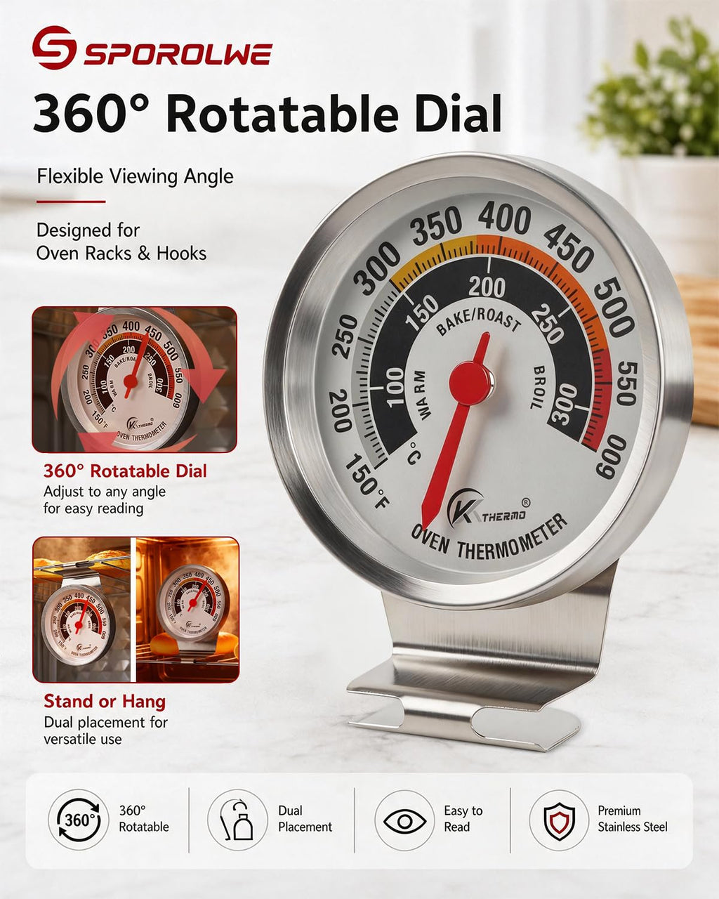 Oven Thermometer 360° Rotating Dial Extra Large Digits 150-600°F