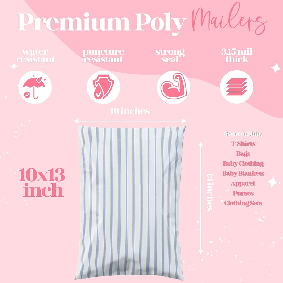 Poly Mailers 10x13, Blue Stripe, 100 Pack