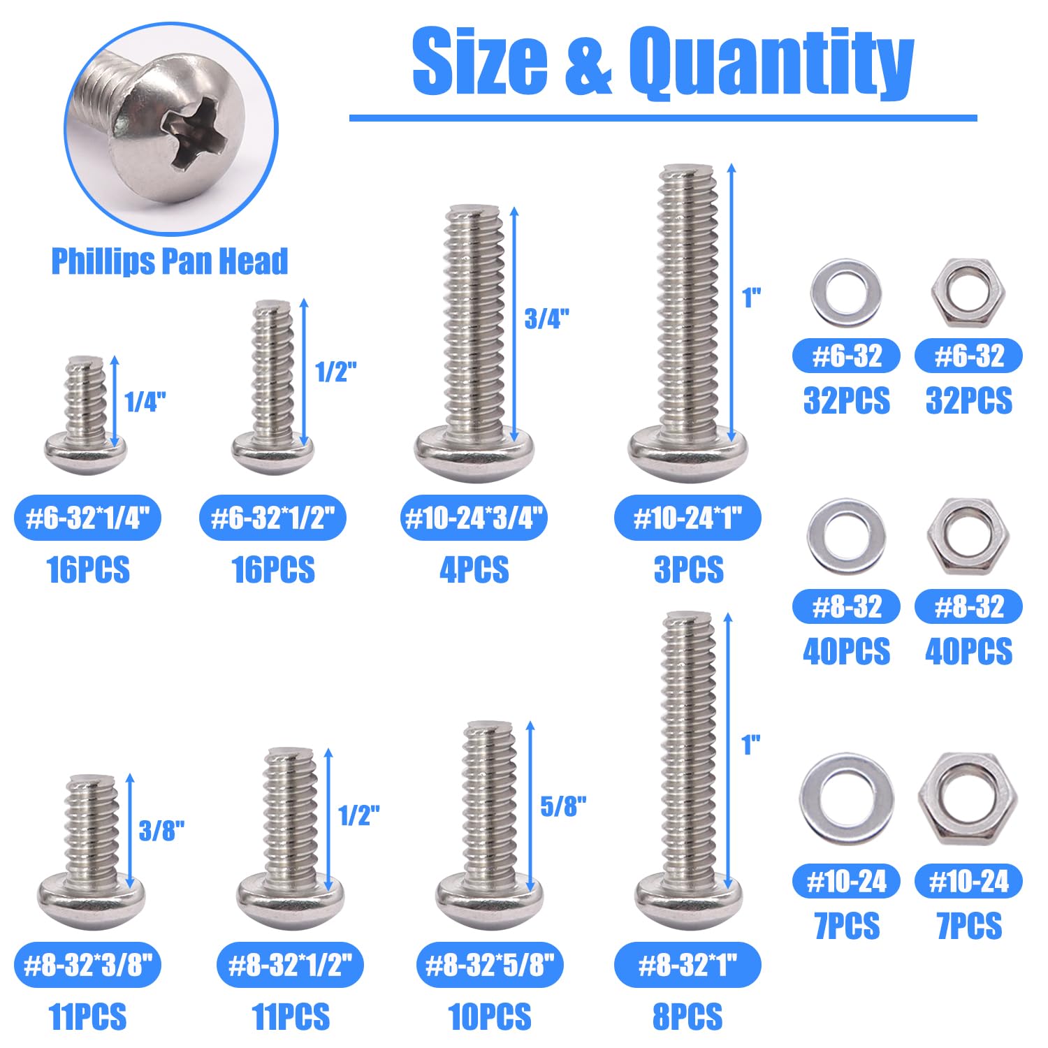 Nuts and Bolts Assortment Kit, 304 Stainless Steel Bolts 8 Sizes #6-32#8-32#10-24 Phillips Pan Head Machine Screws