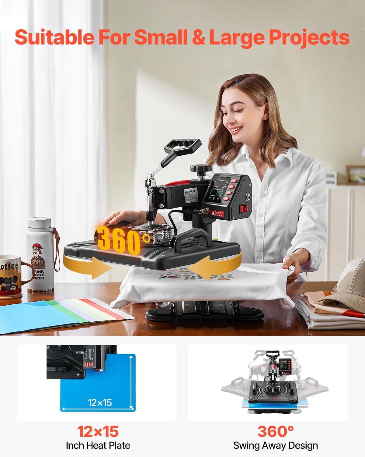 Heat Press Machine 12"x15" 5 in 1 360° Swing Away Shirt Press Machine