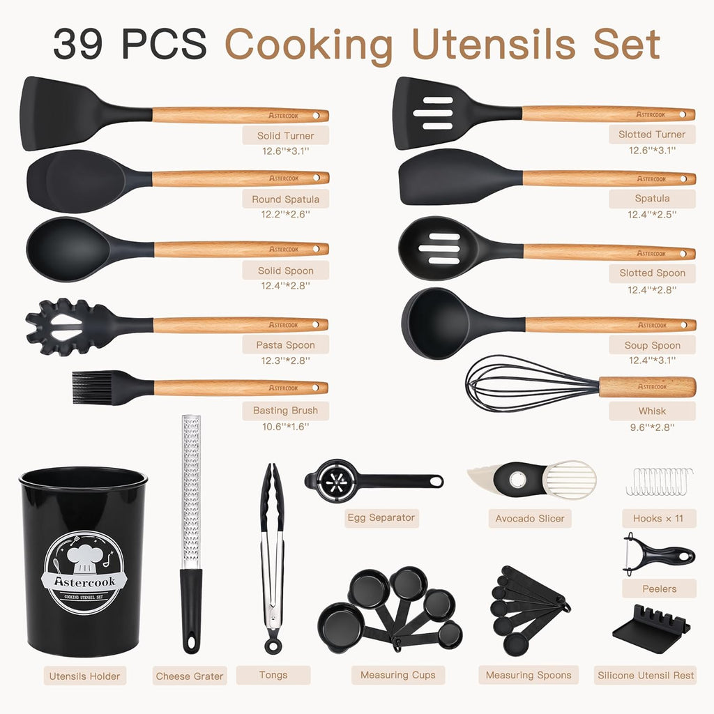 39 PCS Kitchen Utensils Set, Silicone Cooking Utensil Sets with Wooden Handle, 446°F Heat Resistant Food Grade