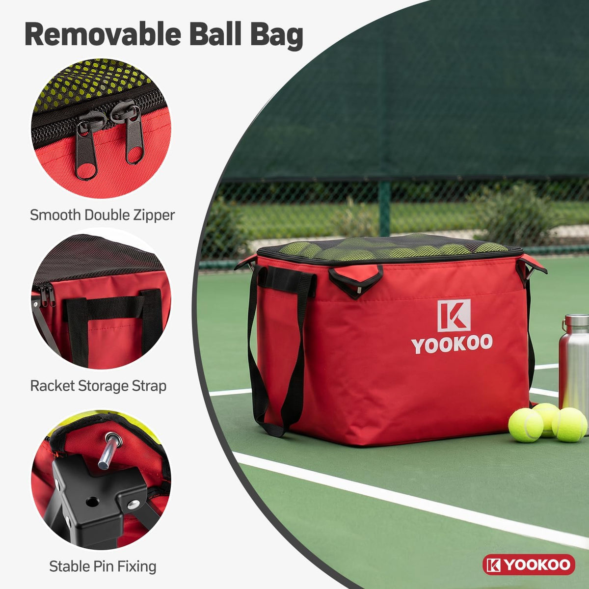Tennis Ball Hopper Holds 150 Balls, Tennis Cart with Black/Red Bag