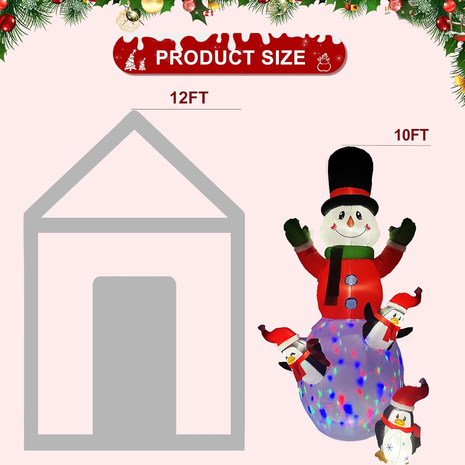 10ft Christmas Inflatable Outdoor Decoration, Kaleidoscope Penguin Snowman Inflatable Yard Decoration with LED Lights
