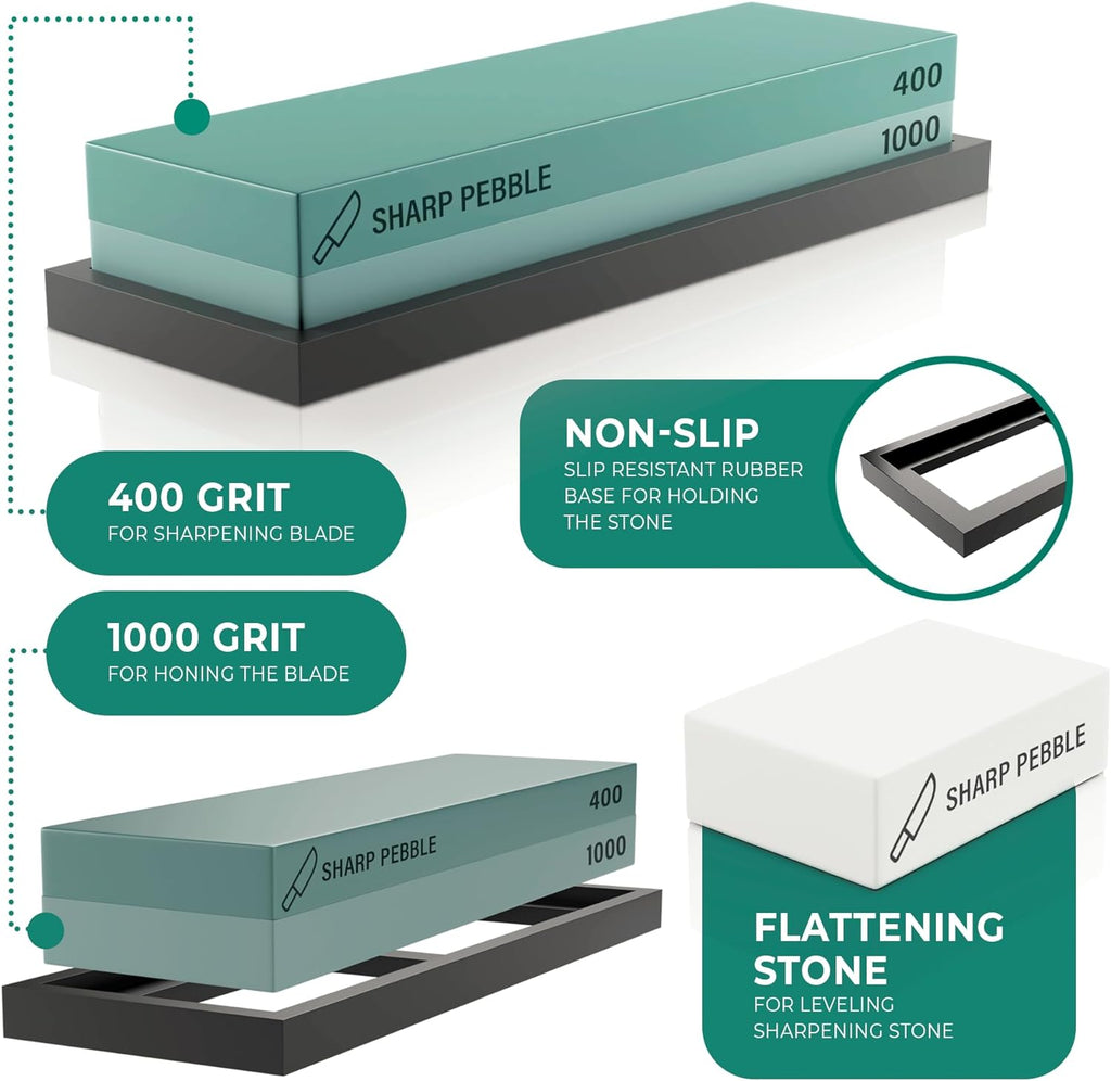 Whetstone Knife Sharpening Stone Kit - 2 Sided 400/1000 Grit | Razor Sharp Edges at Home - Wet Stone Kitchen Knife