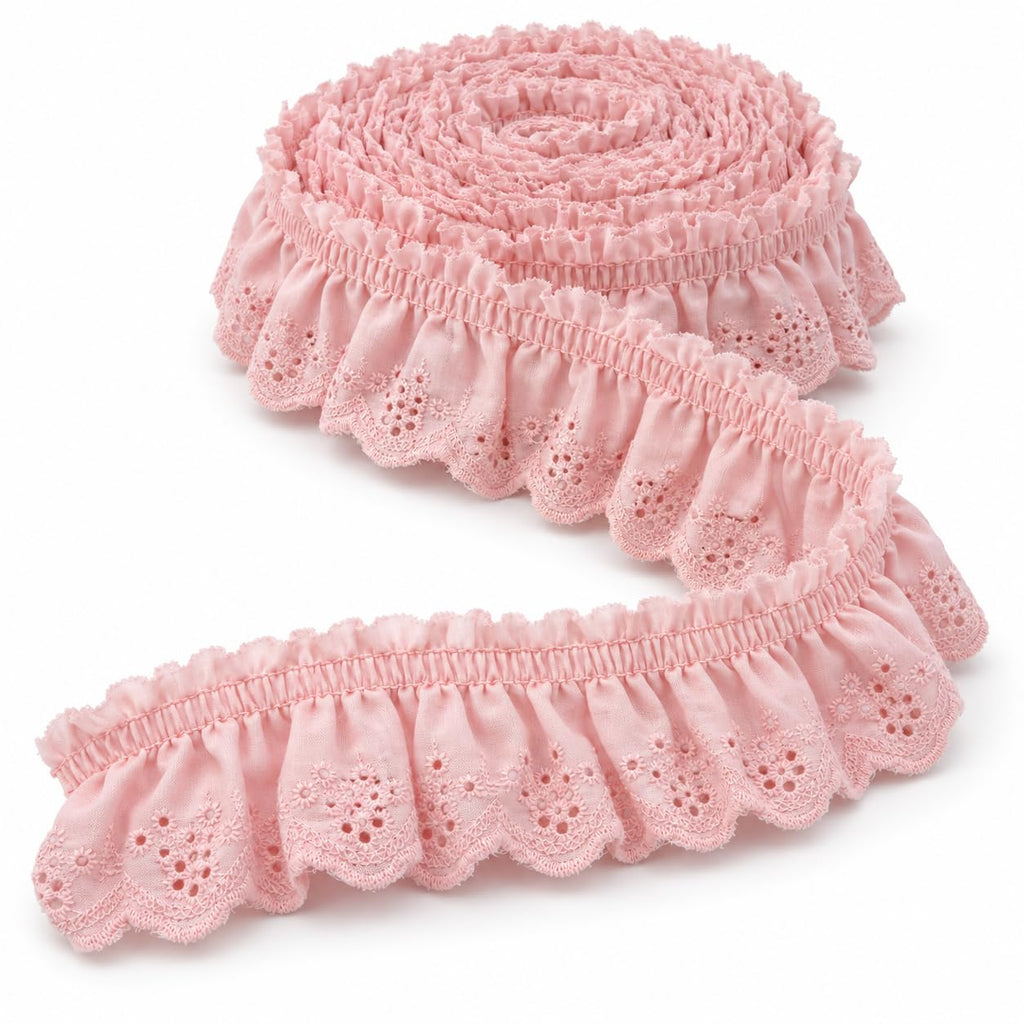 Cotton Eyelet Ruffle Trim 2''x 4 Yds for Sewing Pink