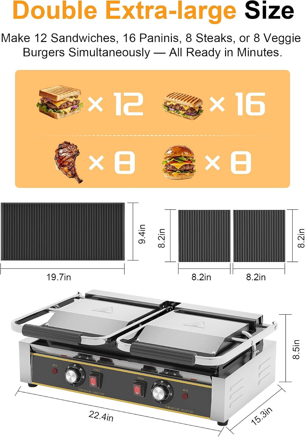 Commercial Panini Press - Electric Sandwich Maker w/ 19"x9" Grooved and Enamel Plates, 3600W Stainless Steel Panini