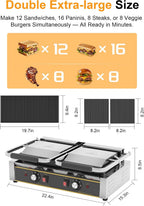 Commercial Panini Press - Electric Sandwich Maker w/ 19"x9" Grooved and Enamel Plates, 3600W Stainless Steel Panini