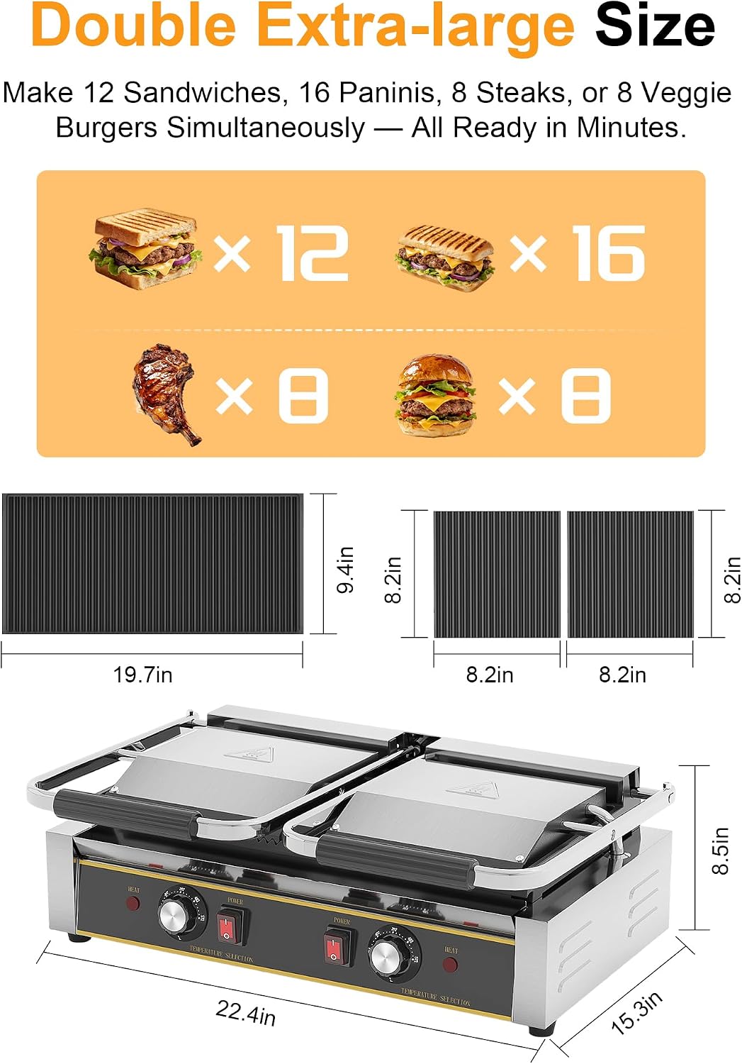 Commercial Panini Press - Electric Sandwich Maker w/ 19"x9" Grooved and Enamel Plates, 3600W Stainless Steel Panini