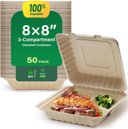 [8X8", 50-Pack] 100% Compostable Clamshell Food Containers for Takeout - Heavy-Duty Quality Assurance Crafted from