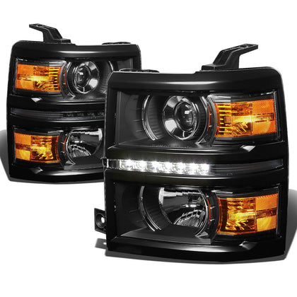 LED DRL Strip Projector Headlights Compatible with 14-15 Chevy Silverado 1500, Left+Right, Black/Amber