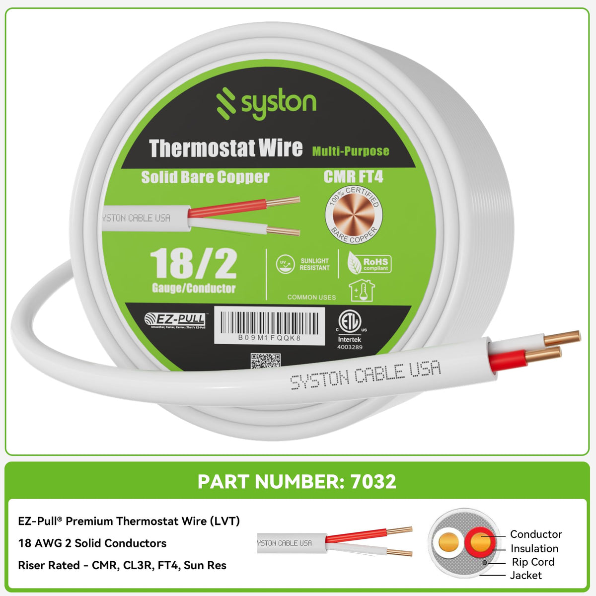 Syston 18/2 Thermostat Doorbell Wire, 100% Solid Copper, CL3R Riser-Rated