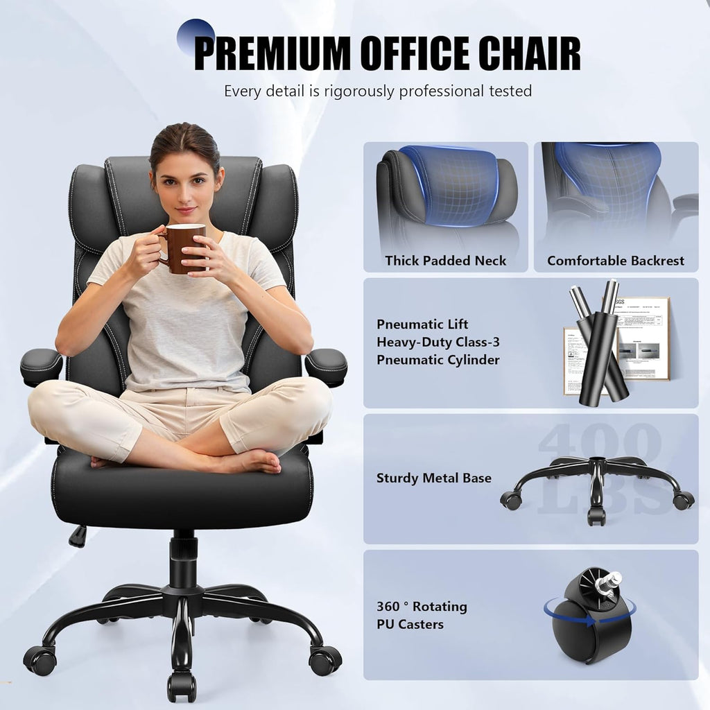 Office Chair, Ergonomic Leather Desk Chair with Flip-up Armrests, Big and Tall High Back Executive Computer & Gaming