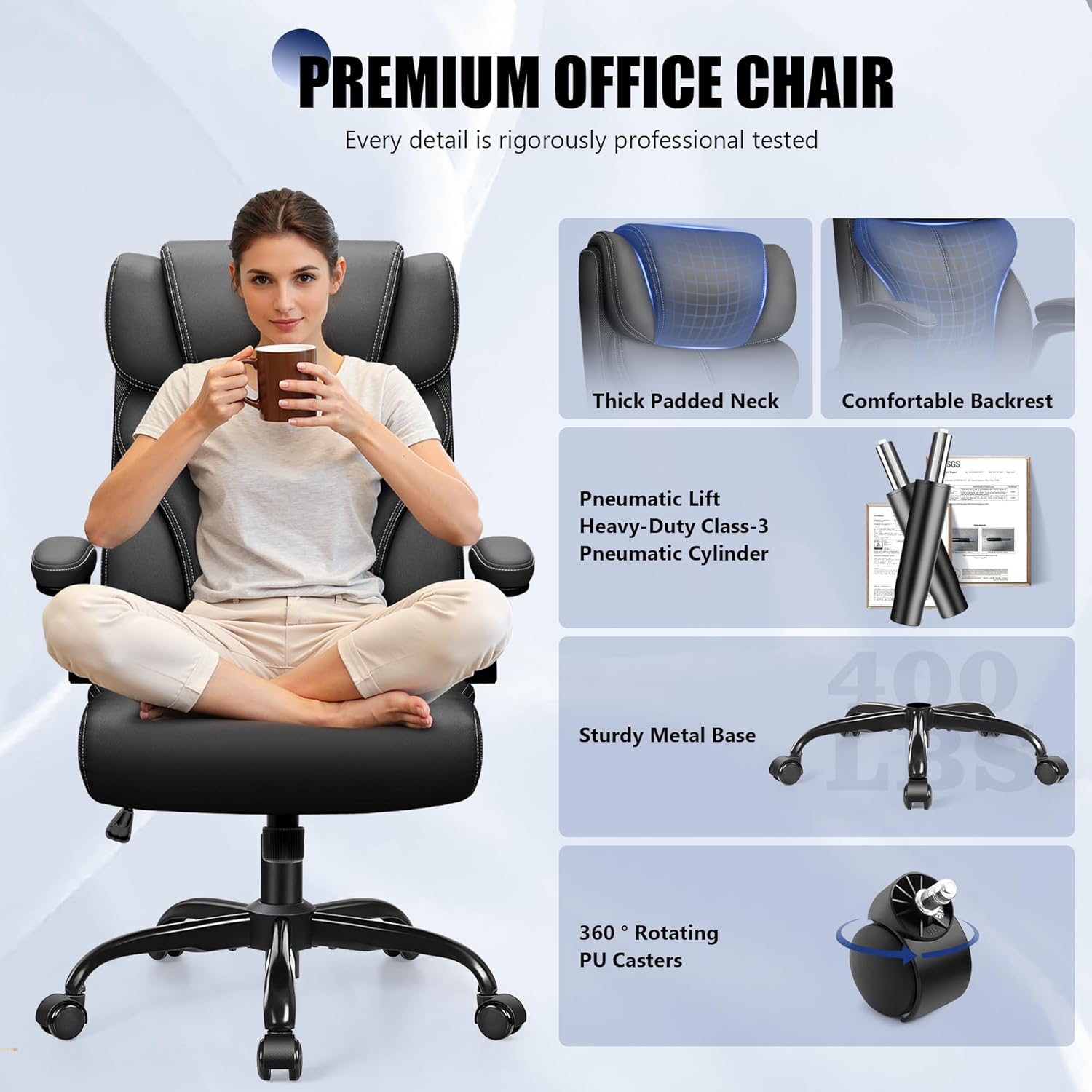 Office Chair, Ergonomic Leather Desk Chair with Flip-up Armrests, Big and Tall High Back Executive Computer & Gaming