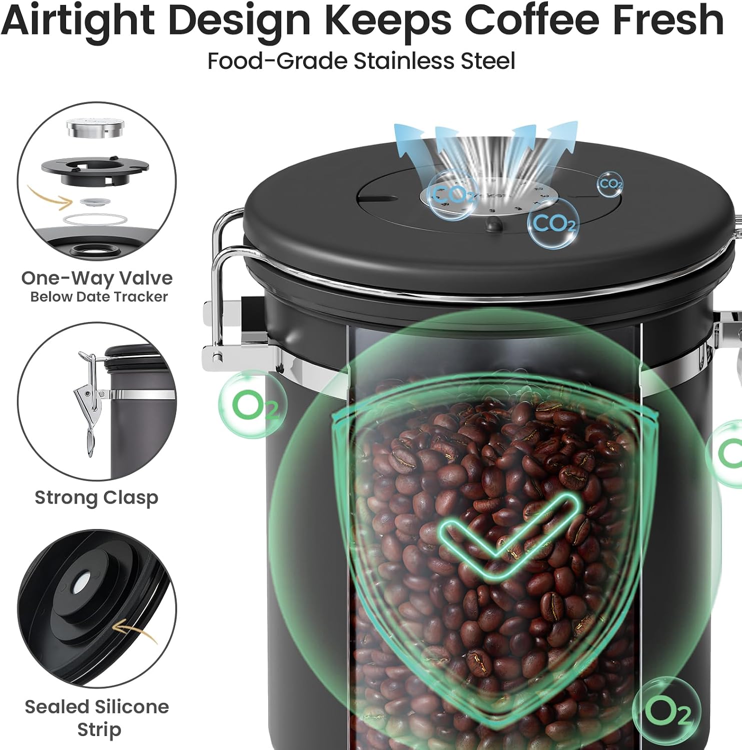 Coffee Canister with Window, Airtight Stainless Steel Container, 16OZ | Kitchen Food Storage Pantry Organizers for