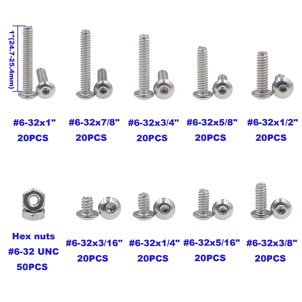 230PCS #6-32 UNC 304 SS Button-Head Socket Cap Screws & Hex Nuts Kit
