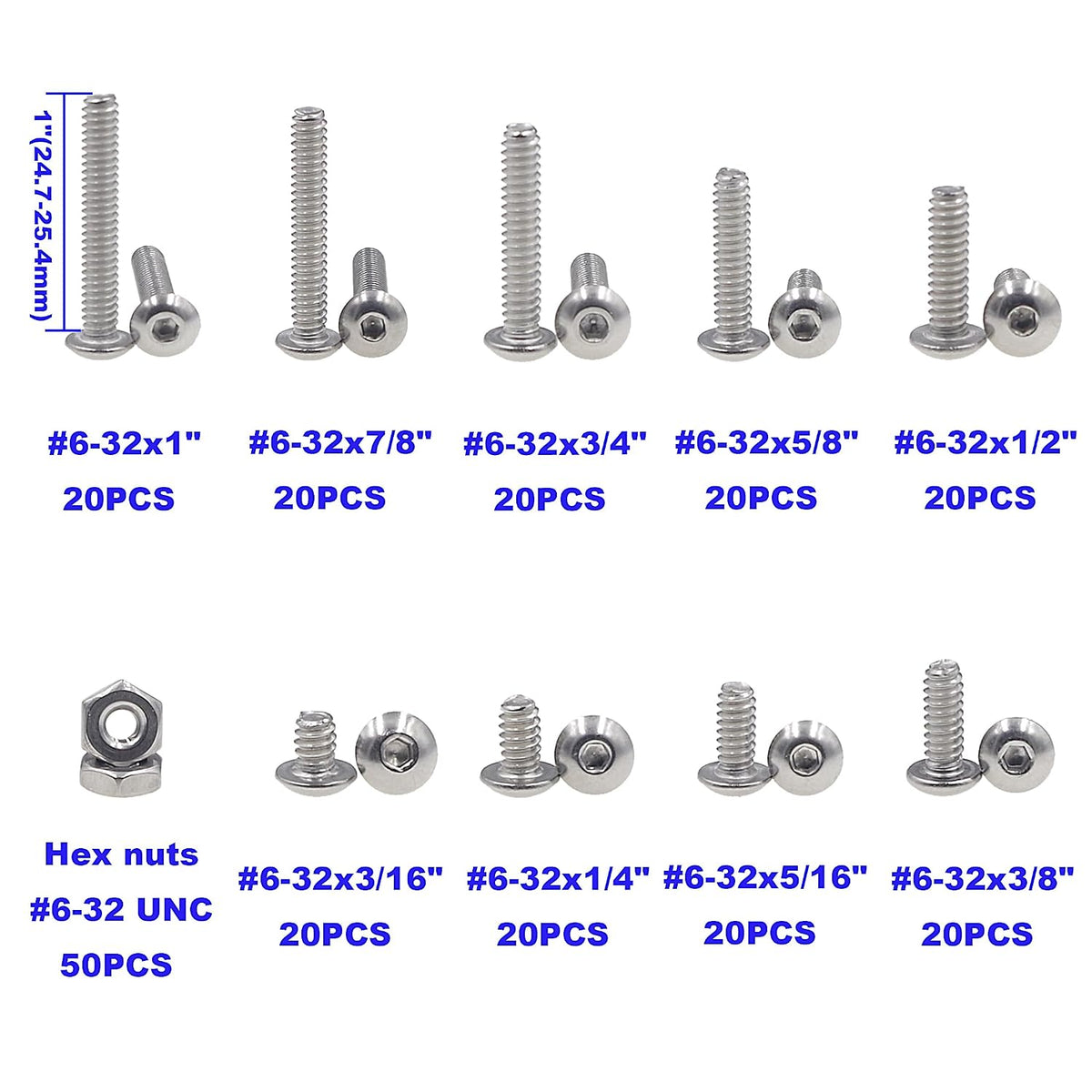 230PCS #6-32 UNC 304 SS Button-Head Socket Cap Screws & Hex Nuts Kit