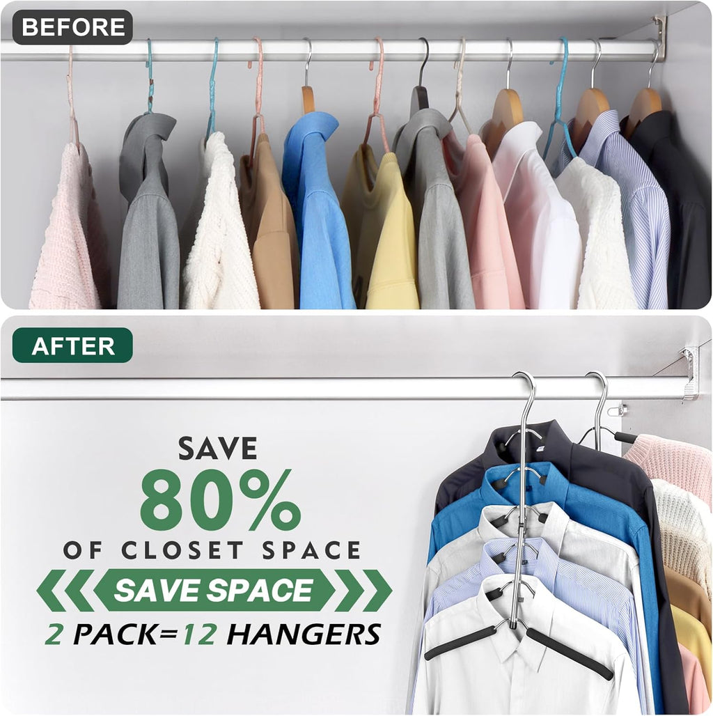 Space Saving 6 Tier Coat Hangers - Non Slip Foam Padded, Black Metal Sweater & T Shirt Hangers for Men & Women, 2