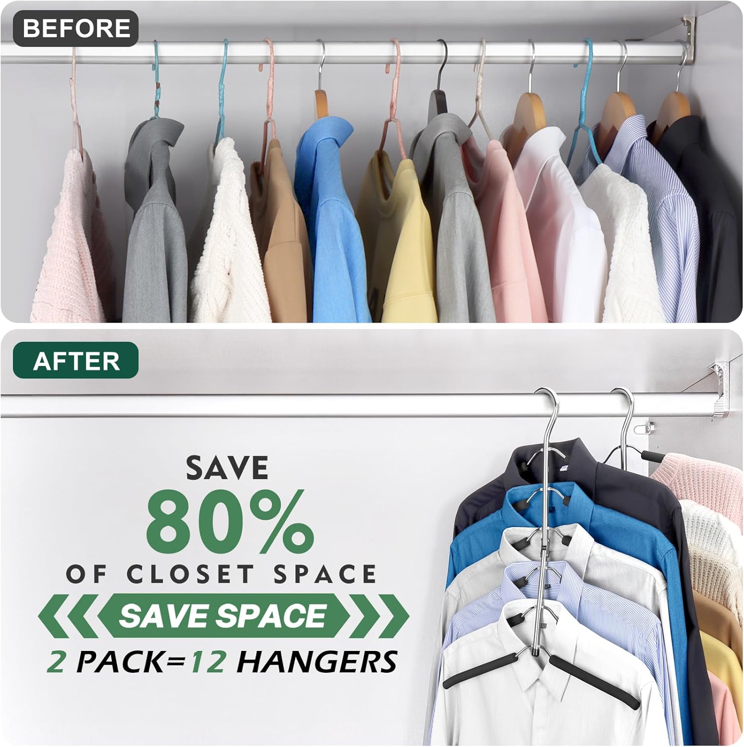 Space Saving 6 Tier Coat Hangers - Non Slip Foam Padded, Black Metal Sweater & T Shirt Hangers for Men & Women, 2
