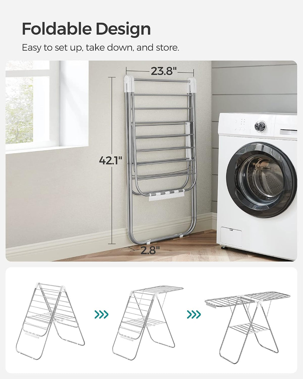 Clothes Drying Rack, with Sock Clips, Metal Laundry Rack, Foldable, Space-Saving, Free-Standing Airer, with 2