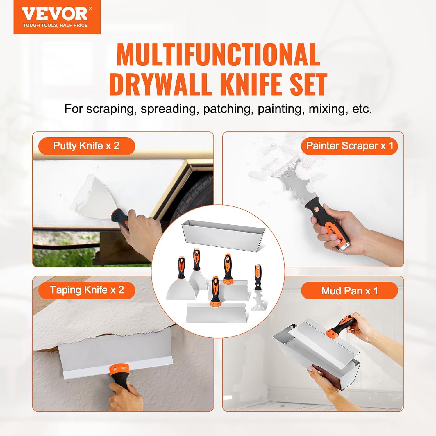 Drywall Knife Set, 6 PCS Drywall Tools Includes 3" Painter Scraper, Two Putty Knives, Two Taping Knives and 12" Mud