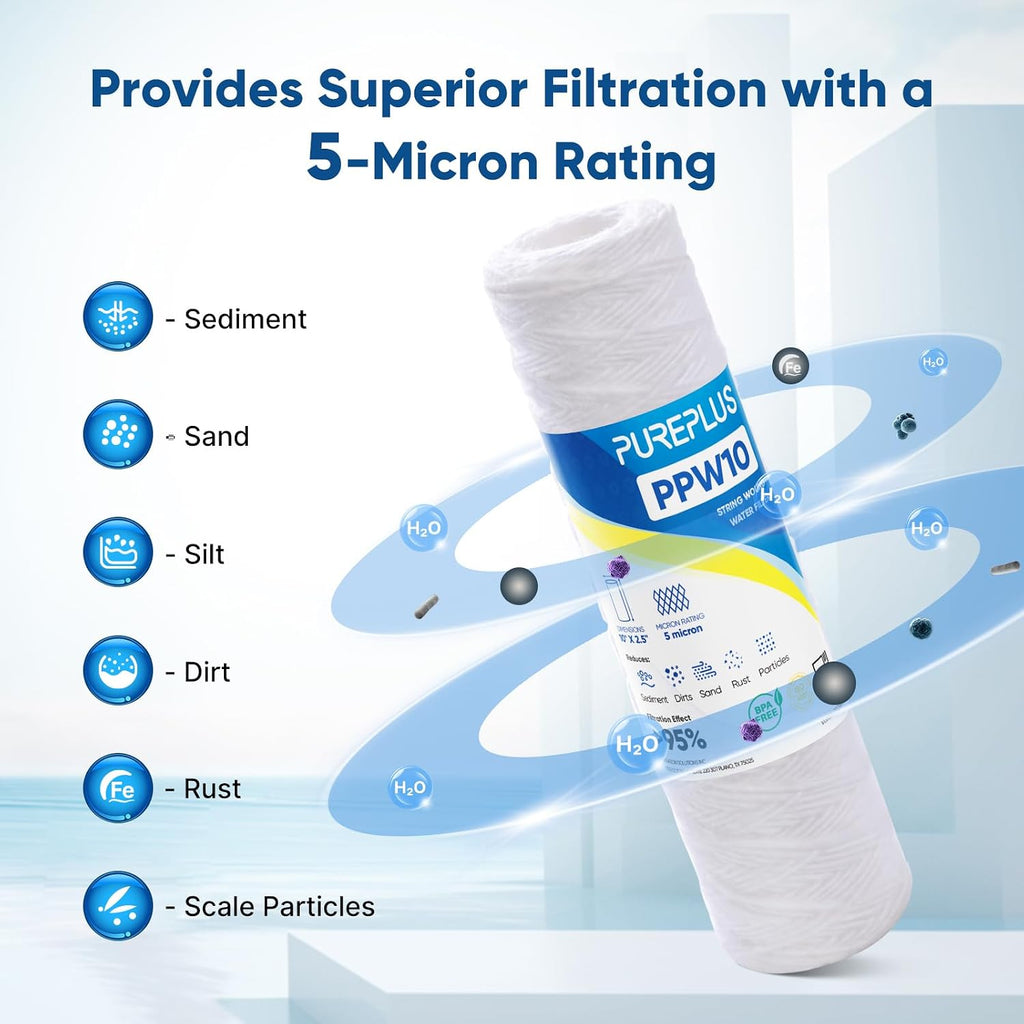 5 Micron 10"x2.5" Whole House String Wound Sediment Filter 4 Pack