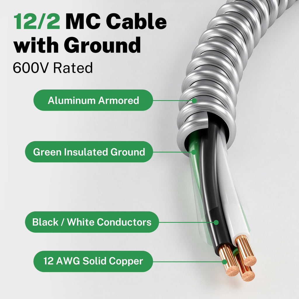 FIRMERST 12/2 MC Cable with Ground, 50 FT, Solid Copper, Armored, 600V