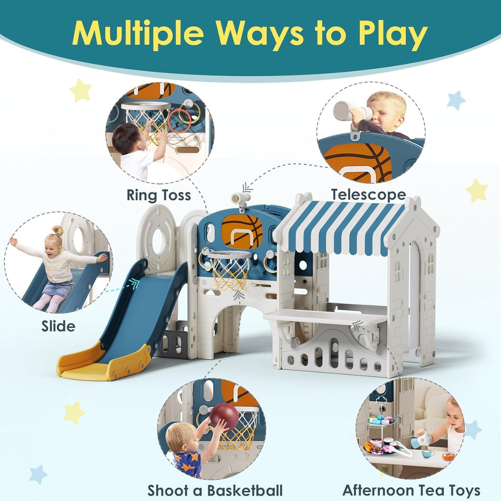 10 in 1 Toddler Slide with Basketball Hoop, Outdoor Slide for Toddlers Age 1-3 with Kid Playhouse, Indoor Toddler