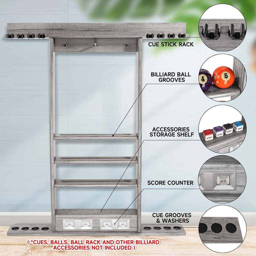 GSE Wall Mount Pool Cue Rack with Score Counters Only, Holds 6/8 Pool Cues | Holds 2 Billiard Ball Racks, Full Set of