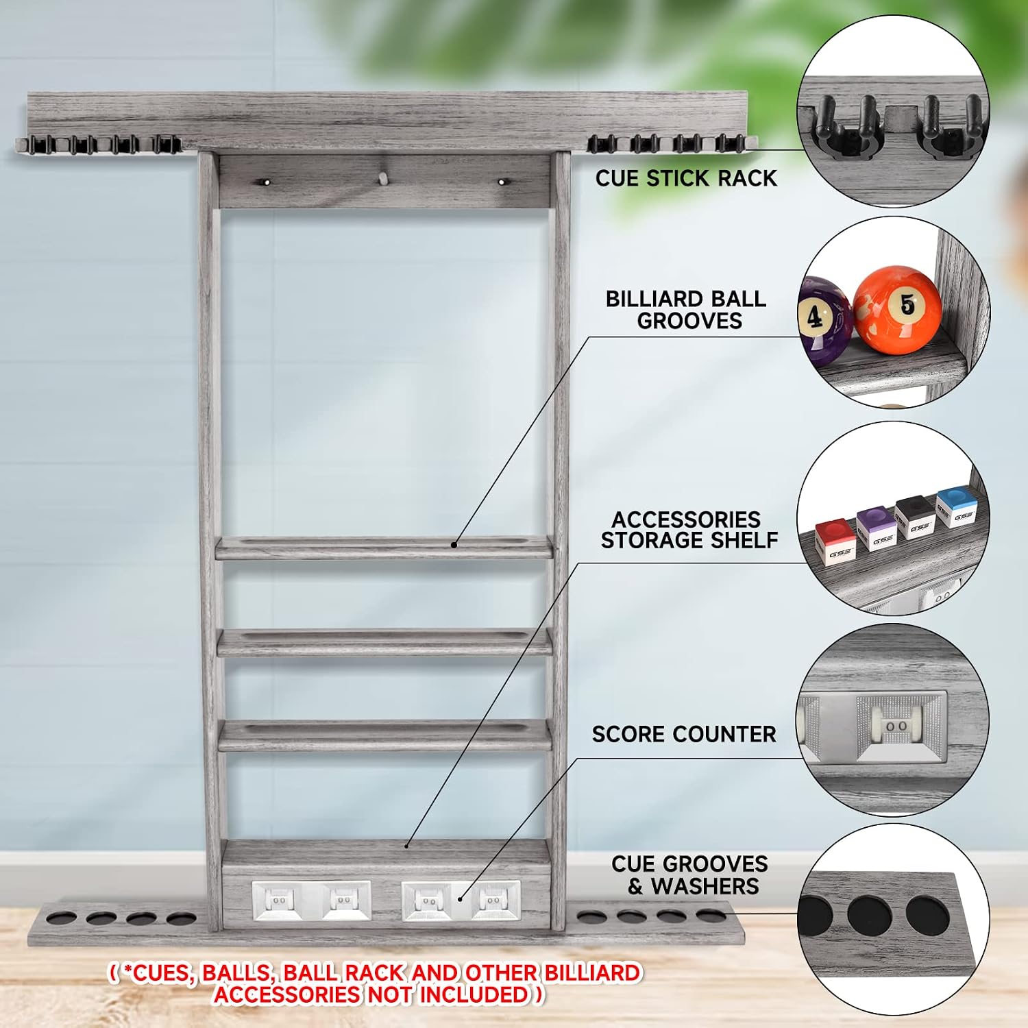 GSE Wall Mount Pool Cue Rack with Score Counters Only, Holds 6/8 Pool Cues | Holds 2 Billiard Ball Racks, Full Set of