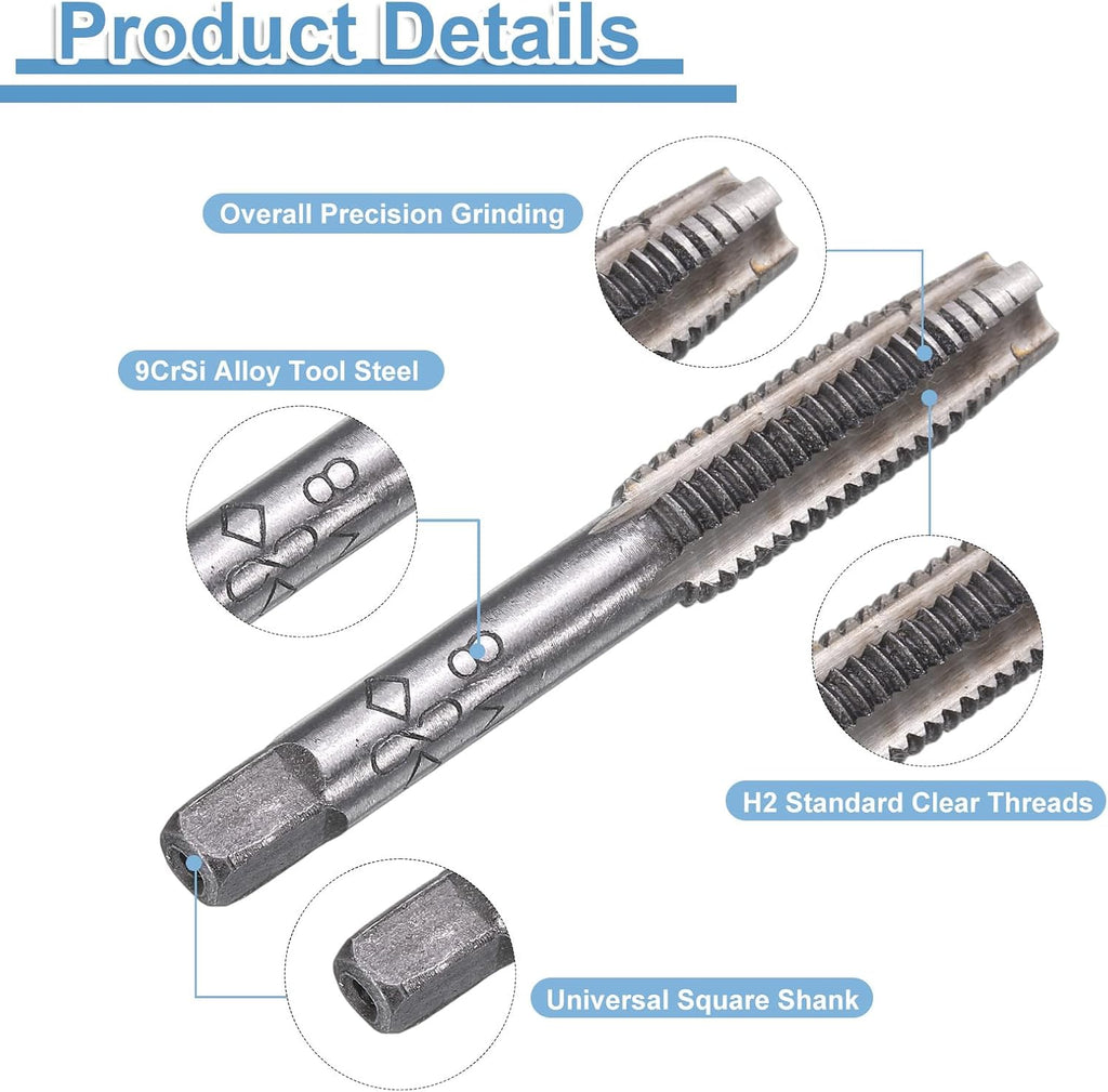 uxcell 2 Set Metric Hand Taps, M8 x 1.25 H2 Thread Taper + Bottom Tap, 9CrSi Alloy Tool Steel Screw Threading Milling Tapping Tool Kit