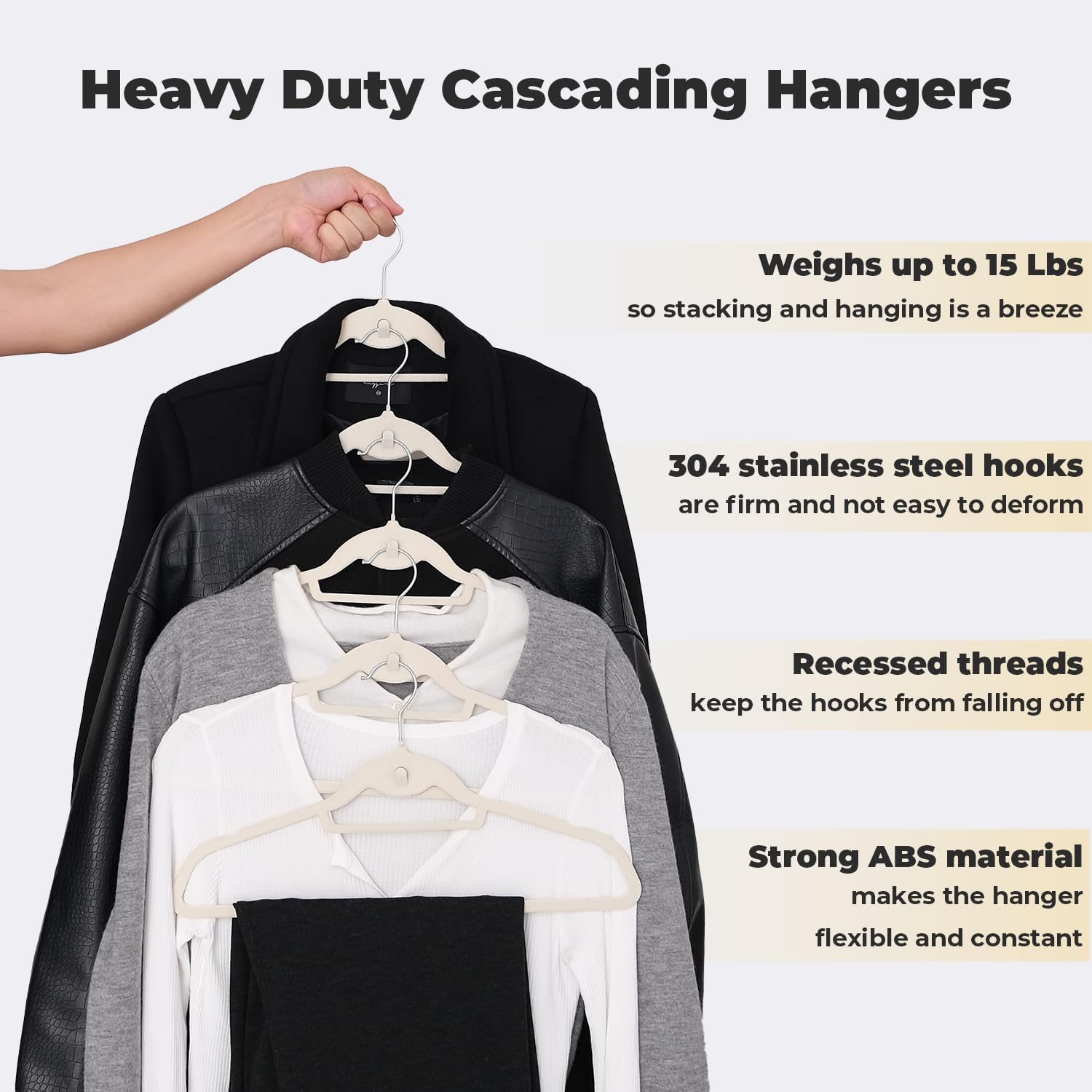 Ivory Velvet Hangers, Stackable Hanger with Non Slip Felt Fabric | Ultra Thin and Space Saving with 360° Swivel Hook