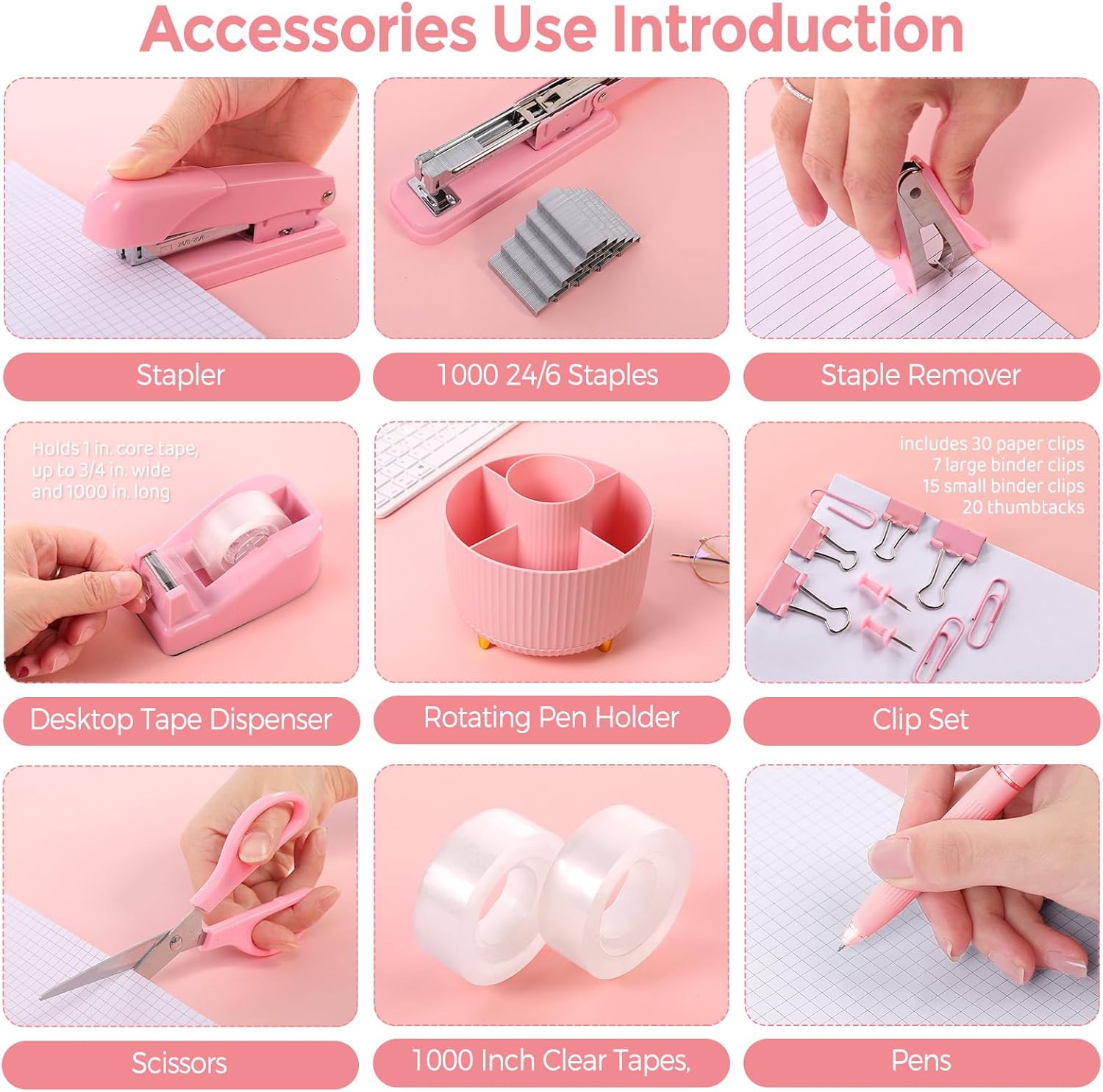 Pink Desk Accessories 10Pcs, Rotating Pen Holder for Desk, Stapler, Staple Remover, Tape Dispenser,2pcs Tape Refills