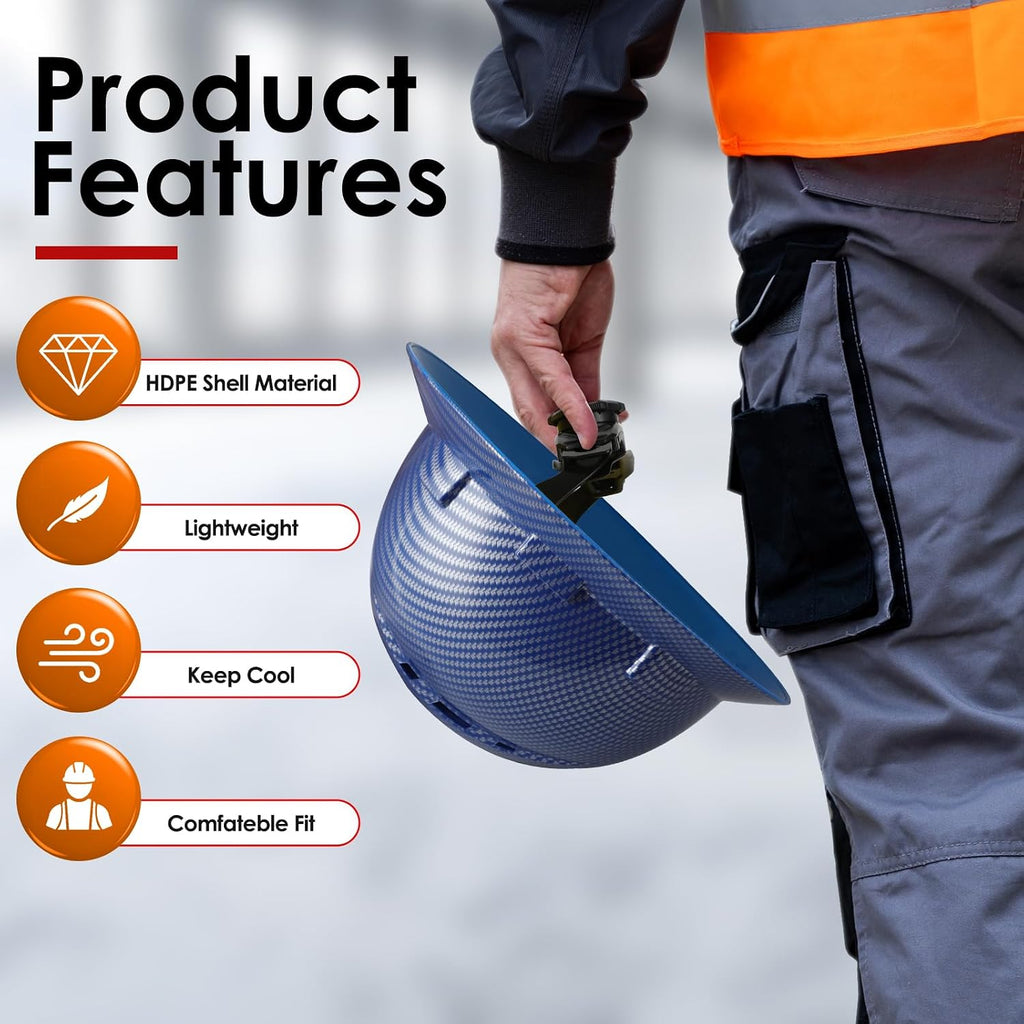 HDPE Full Brim Hard Hat, Construction Safety Helmet with Vented Holes, 6 Point Adjustable Ratchet Suspension, ‎Meets