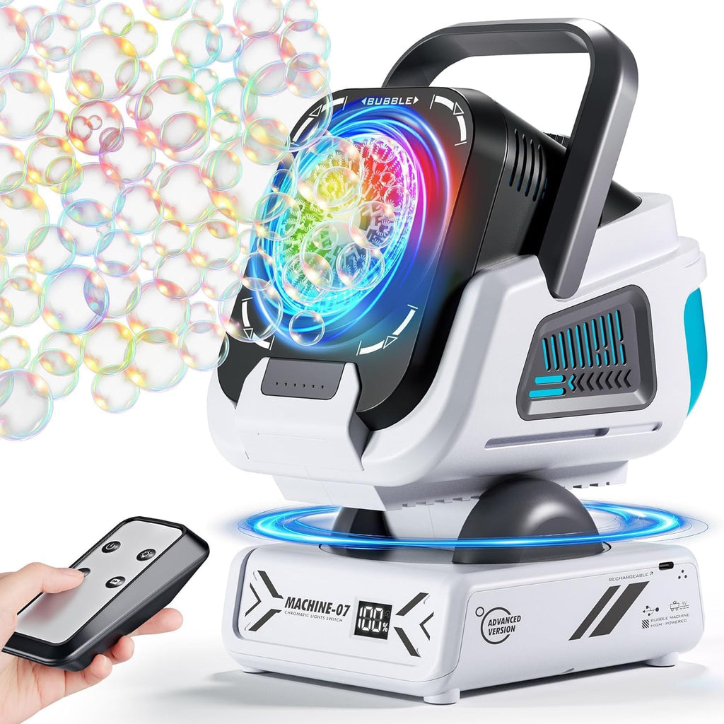 Upgraded Bubble Machine Outdoor Toys for Kids & Wedding Party | Auto Rotation,Type-C Rechargeable,Remote Control,RGB