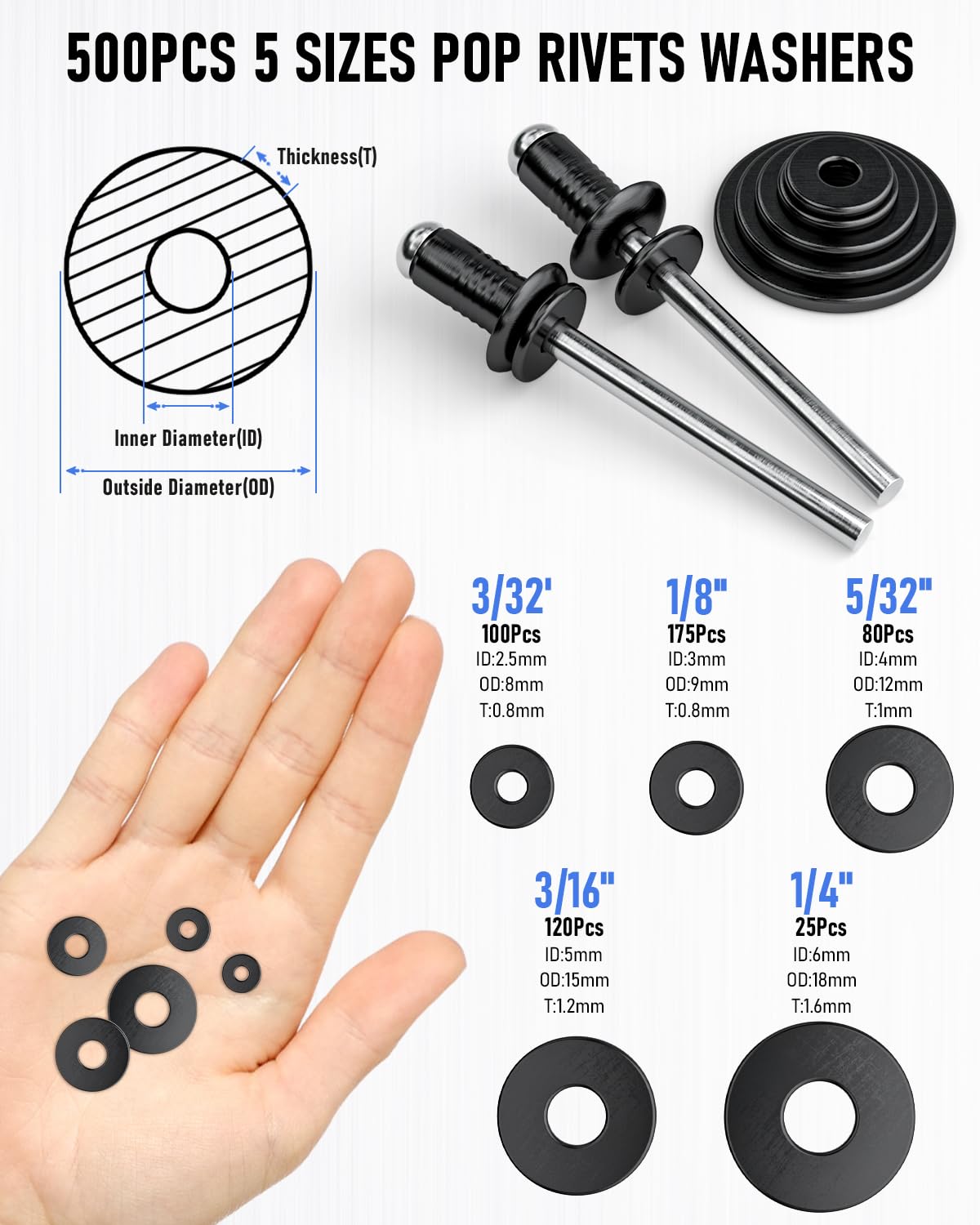 1000PCS Black Pop Rivets Assortment Kit with Washers
