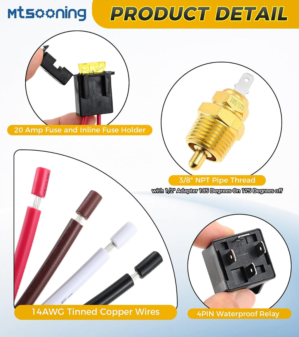 Dual Electric Fan Relay Kit, Radiator Electric Fan Wiring Kit | with Temperature Sensor Switch 185 On 175 Off, 4
