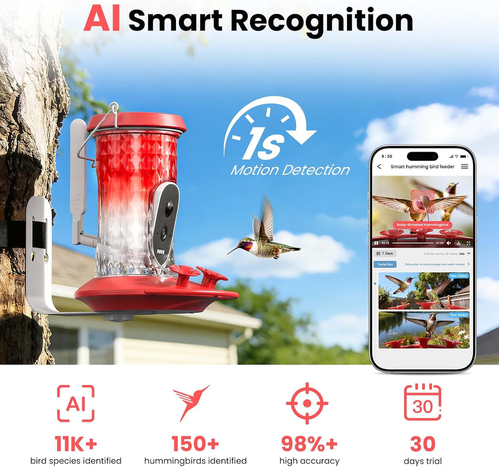Smart Hummingbird Feeder with Camera (Red)