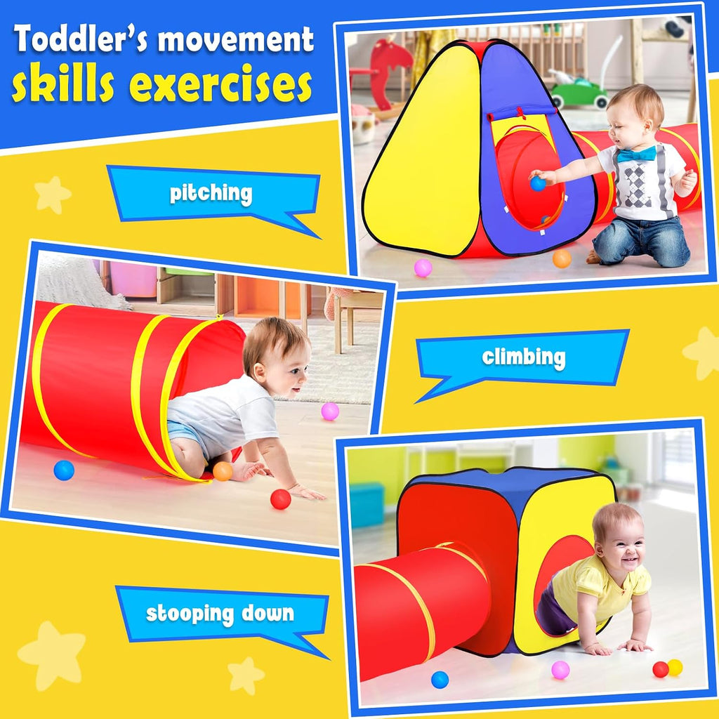 Kids Play Tent with Ball Pit and Crawl Tunnel Toddlers Playhouse Gift Toy | 3 in 1 Colorful Pop Up Play Fort
