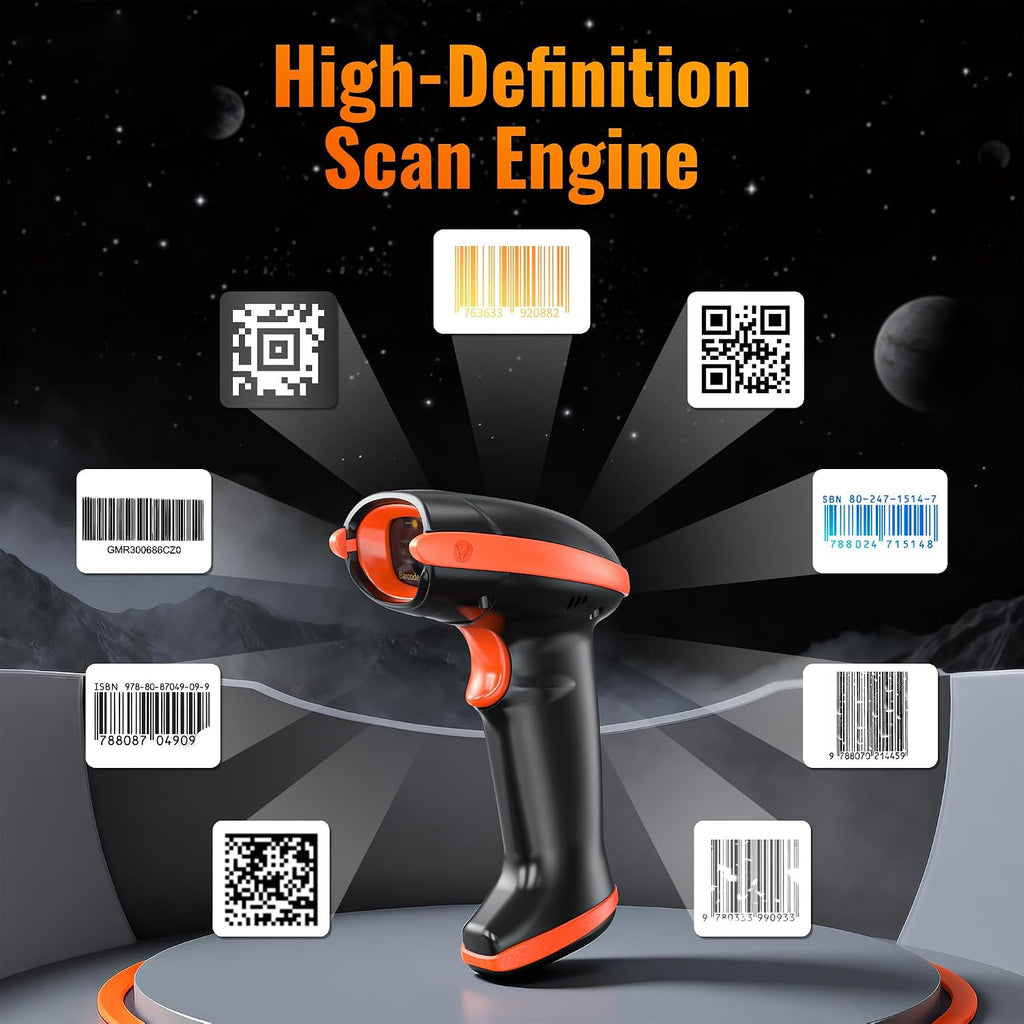 Barcode Scanner Wireless with Cradle: 1D 2D QR Counting Screen, HW0008 | 2.4G Wireless & USB Wired, 640*480 CMOS