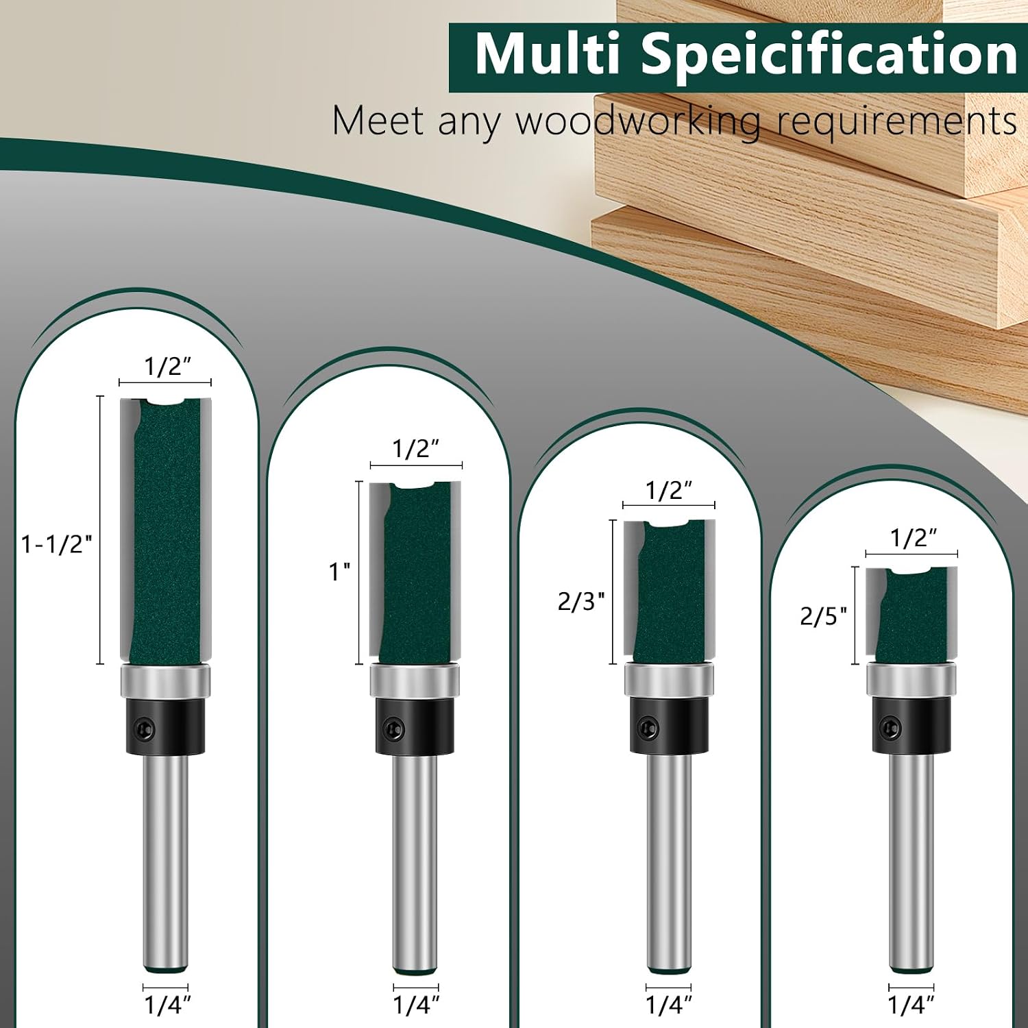 Flush Trim Router Bit Set 4 Pcs Straight Cut Router Bits 1/4 Inch Shank, Carbide Tipped Pattern Template Route Bit